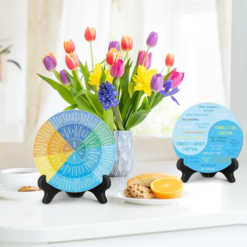 Miniatura 6 de 2 piezas de decoración de escritorio de terapia de rueda de sentimientos, cosas que puedo controlar, gráfico doble cara de emociones de salud mental