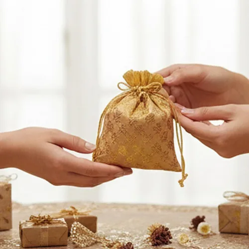 Miniatura 7 de Touchstone Hermosas bolsas de regalo reutilizables, respetuosas con el medio ambiente, con cordón grande, patrón de hojas de mimosa, brocado