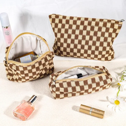 Miniatura 7 de ZLFSRQ Bolsa de maquillaje a cuadros para mujer, grande y pequeña, juego de bolsa de cosméticos a cuadros, bolsas de aseo de viaje, bolsa