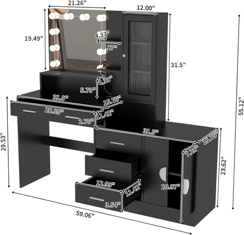 Miniatura 5 de Escritorio de maquillaje con espejo y luz, espejo de tocador con estación de carga para dormitorio, mesa de maquillaje con estantes
