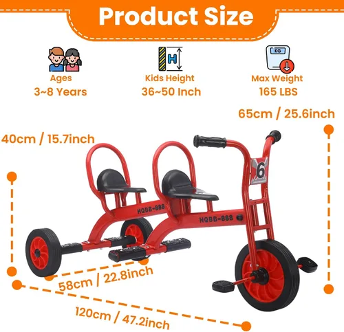 Miniatura 6 de Triciclo para niños de 3 a 8 años, bicicleta de triciclo doble para niños, bicicleta tándem para guardería preescolar al aire libre con neumáticos