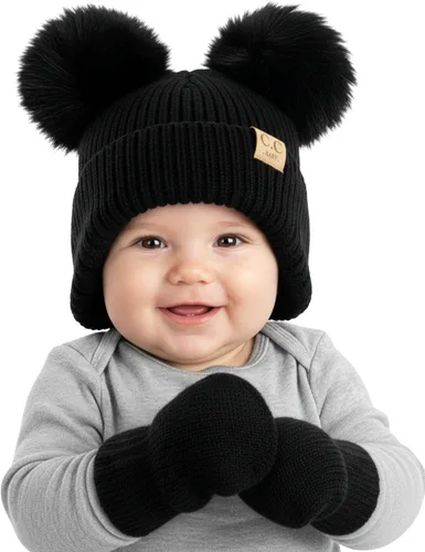 Miniatura 10 de Funky Junque Conjunto de gorro y mitones con doble pompón de pelo sintético para bebé – Gorro de invierno para recién nacidos de 0–9 meses