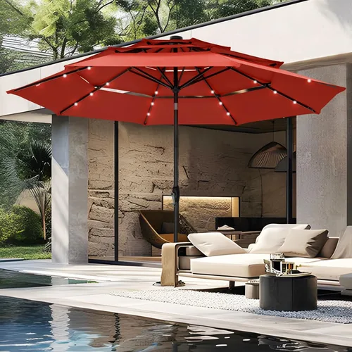 Miniatura 15 de PHI VILLA - Sombrillas de patio de 9 pies con 24 luces LED solares, sombrilla iluminada para mesa de mercado al aire libre con 8 varillas de acero