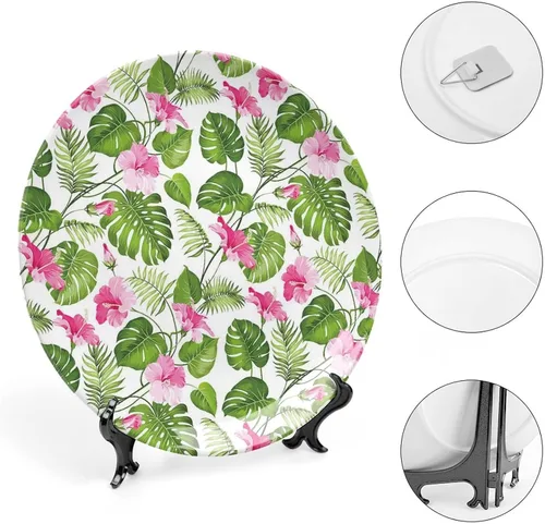 Miniatura 4 de XISUNYA Plato decorativo de 6 pulgadas, plato llano de hojas, hibisco hawaiano, cristal rosa, flor de palmera, estampado de hojas de palmera, adorno