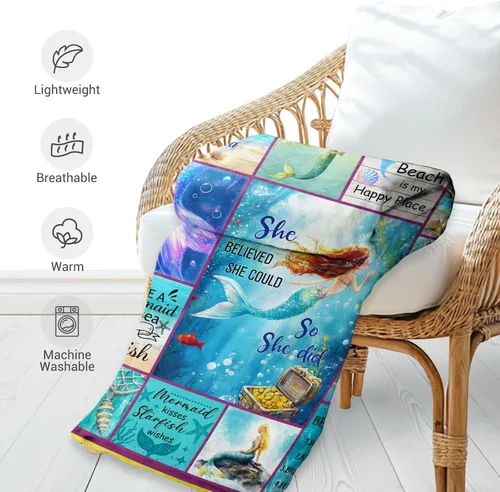 Miniatura 5 de Jekeno - Manta de sirena para niñas, sobrinas, hermanas, mujeres, regalos de cumpleaños o Navidad, estampado azul de sirena, presentes, decoración