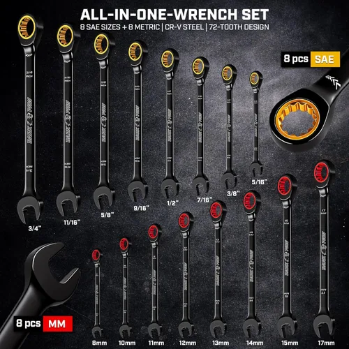 Miniatura 2 de ironcube Juego de llaves de trinquete para hombres: 16 piezas métricas y SAE - Cromo negro vanadio - Incluye bolsa de lona de cera resistente al
