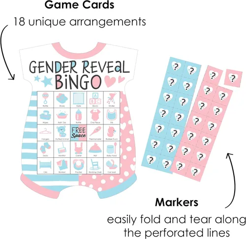 Miniatura 3 de Big Dot of Happiness Juego de bingo para fiesta de revelación de género – Tarjetas de bingo en forma de body para bebé con marcadores, actividades