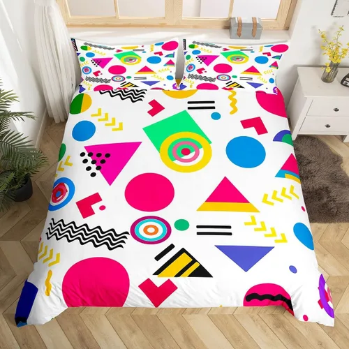 Miniatura 15 de Juego de funda de edredón retro de los años 80 y 90 para hombres y niños, tamaño matrimonial, con formas geométricas redondas triangulares, funda