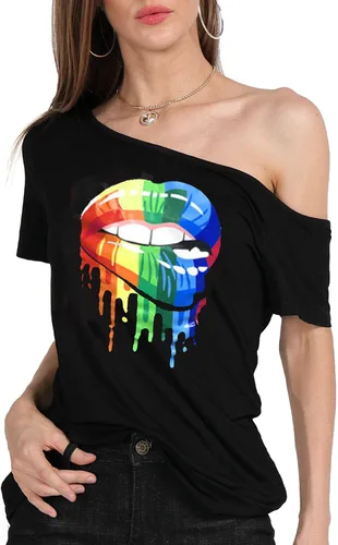 Miniatura 64 de MAGICMK - Camiseta casual para mujer, con estampado de labios y hombro descubierto, talla extragrande