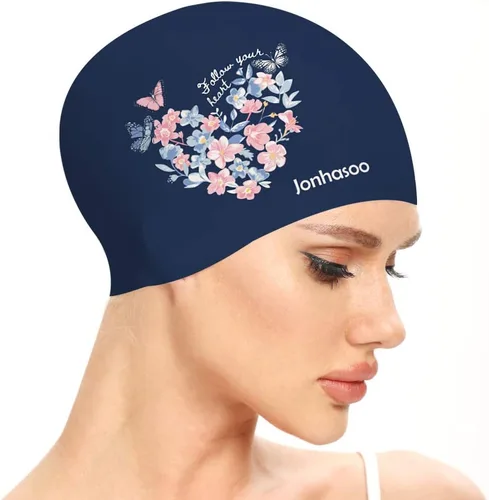 Gorro de natación para mujer, gorra de natación de silicona para cabello largo con estampado de flores Azul marino