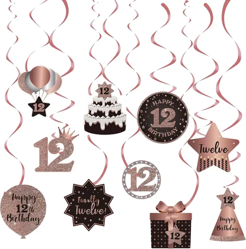 BRT Bearingshui Decoración de techo de remolinos colgantes para fiesta de cumpleaños número 12, celebración, 12 espirales colgantes de aluminio con