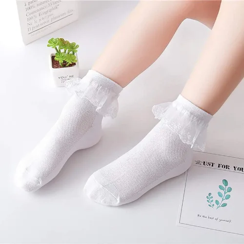 Miniatura 21 de Looching 4 pares de calcetines de encaje de princesa de algodón con volantes sólidos para niñas pequeñas