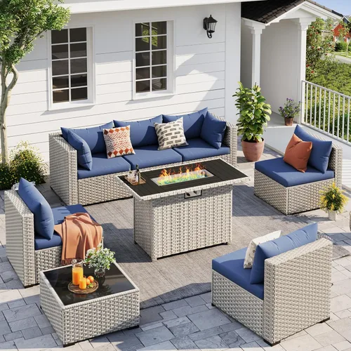 Miniatura 8 de UDPATIO Juego de muebles de patio al aire libre, sofá modular de 7 piezas con mesa de té, juego de conversación al aire libre de mimbre PE para Azul