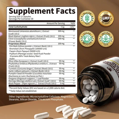 Miniatura 6 de Lukaree Cápsulas de Limpieza de Clavo de Ajenjo y Nuez Negra 16 en 1 para Humanos – Desintoxicación Natural del Intestino y Salud Digestiva