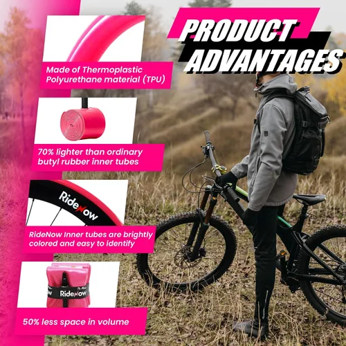 Miniatura 4 de RideNow - Paquete de 2 tubos interiores para bicicleta MTB de 24/ 26/27.5/29 pulgadas para 1.3-2.0/1.9-2.5, con válvula Presta de metal/TPU