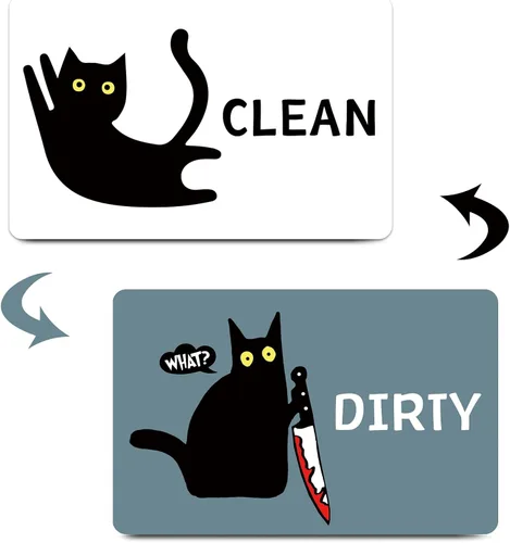 Miniatura 10 de Imán divertido de dibujos animados con diseño de gato limpio y sucio para lavavajillas, imán para lavadora, gato negro, nevera, limpio, sucio, doble