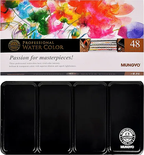Mungyo Profesional Juego de Acuarelas de Tamaño Media Pastilla en Estuche de Lata/Paleta de Mezcla Integral en la Tapa (48 Colores)