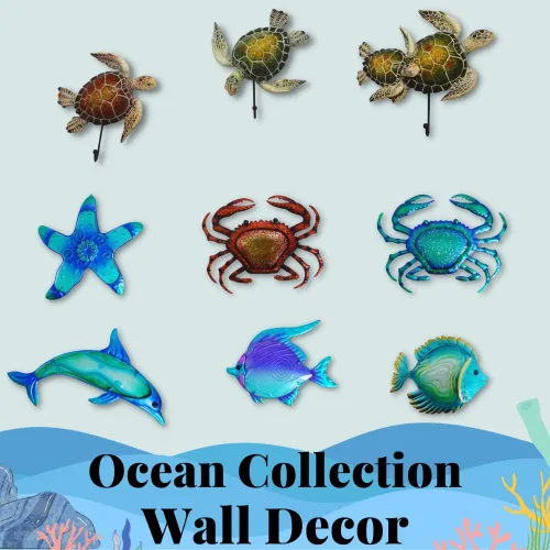 Miniatura 9 de Comfy Hour Decoración de pared de cangrejo de metal azul de 12 pulgadas, escultura temática náutica del océano, arte costero decorativo para playa