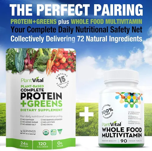 Miniatura 6 de Plantvital Proteína vegana orgánica sin sabor en polvo, 15 superalimentos, verduras y probióticos, proteína orgánica a base de plantas, todos