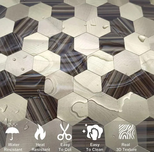 Miniatura 3 de Azulejo de pared hexagonal 3D de 5 hojas para cocina, baño, sala de estar, adhesivo de mosaico de metal de aluminio autoadhesivo de 11.4 x 11 x 0.15