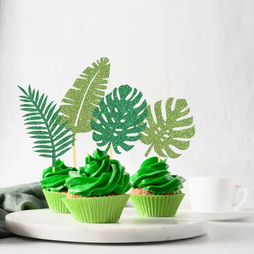 Miniatura 3 de 24 adornos tropicales con purpurina para cupcakes, hojas de palmera tropicales, decoraciones de Aloha para verano, temática hawaiana, baby shower