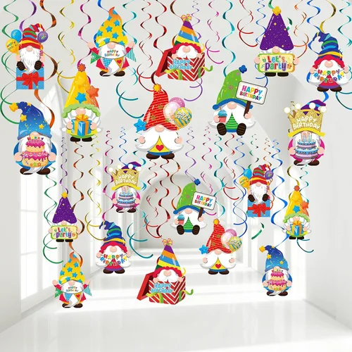 Nezyo 30 decoraciones de gnomos para fiesta de cumpleaños, decoración de remolinos de feliz cumpleaños, espirales colgantes, serpentinas de techo