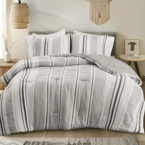 Miniatura 9 de Hyde Lane Juego de edredón bohemio tamaño Queen, ropa de cama moderna tamaño Full estilo casa de campo, parte superior de algodón con rayas jacquard