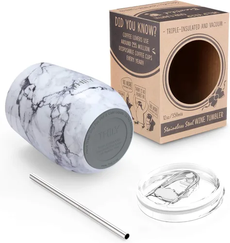 Miniatura 4 de Vaso de vino aislado al vacío sin tallo – Markline de 12 onzas de acero inoxidable con aislamiento de triple pared con tapa y popote, mantiene