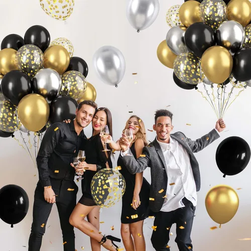 Miniatura 5 de Paready - Globos negros y dorados, 60 globos de 12 pulgadas de confeti dorado, globos de látex para fiestas con cintas para cumpleaños, graduación