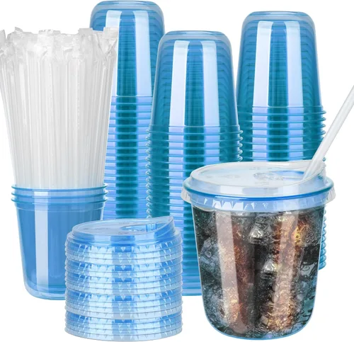 Miniatura 10 de 100 juegos de vasos de plástico desechables de 16 onzas sin tallo con tapas para sorber sin pajilla, tazas de café PET transparentes para café