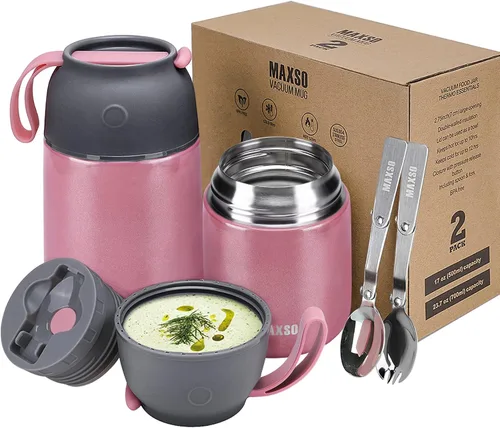 Miniatura 10 de MAXSO Paquete de 2 termos de sopa para alimentos fríos y calientes para niños y adultos, frascos de alimentos aislados al vacío, recipientes