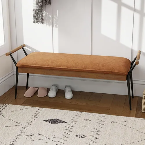 LukeAlon Moderno banco de entrada de piel sintética, banco tapizado en el extremo de la cama con brazos, banco otomano clásico para dormitorio con