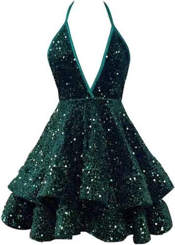 CWOAPO Vestidos cortos de lentejuelas para adolescentes 2024 con tirantes delgados brillantes, cuello en V, vestido de graduación, vestido de fiesta
