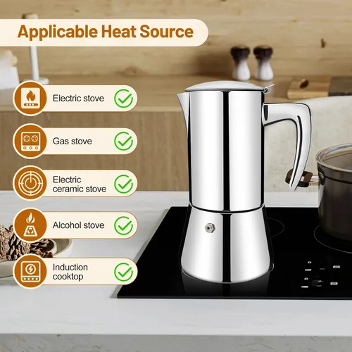 Miniatura 4 de Sin revestimiento 4 tazas de acero inoxidable 304 espesado Moka Pot Estufa Cafetera de café italiano 6.8 fl oz 6.8oz Adecuado para estufa