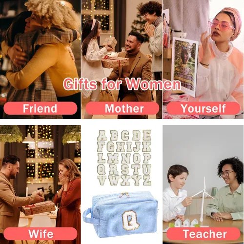 Miniatura 2 de Veki Bolsa de maquillaje Preppy para mujer, bolsas de cosméticos personalizadas con letra inicial con cremallera, bolsa pequeña de felpilla