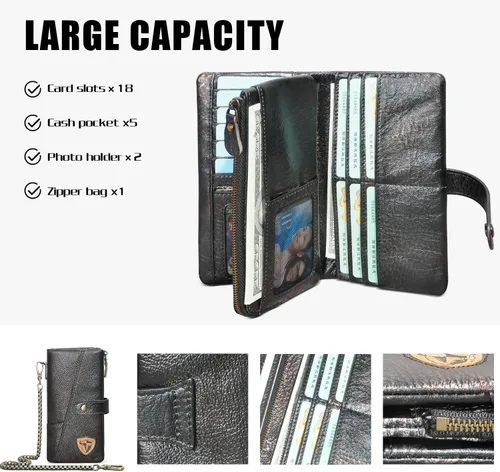 Miniatura 4 de Handadsume Genuino caballo loco cuero viaje regalo moneda bolsillo tarjeta caso largo organizador cadena Rfid monedero con broche para hombres