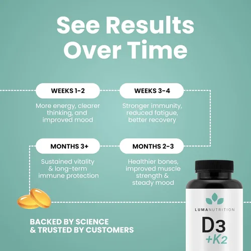 Miniatura 7 de Luma Nutrition Vitamina D3 + K2 10000 UI - Suplemento para la salud ósea y cardíaca - Apoyo inmunológico de máxima fuerza y absorción de calcio - 60