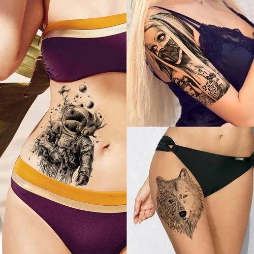 Miniatura 5 de 49 hojas de tatuajes temporales tribales negros para mujeres, hombres, adultos, brazo, cuerpo, de larga duración, lobo maorí, tigre, león, guerrero