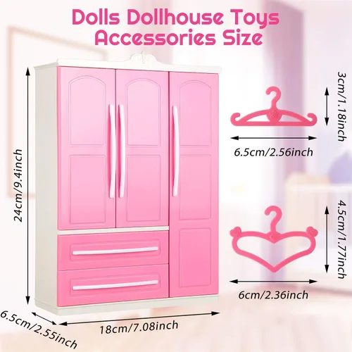 Miniatura 2 de Armario de muñecas, armario de muebles, organizador de ropa para muñecas, armario abierto para casa de muñecas con 20 perchas de plástico rosa