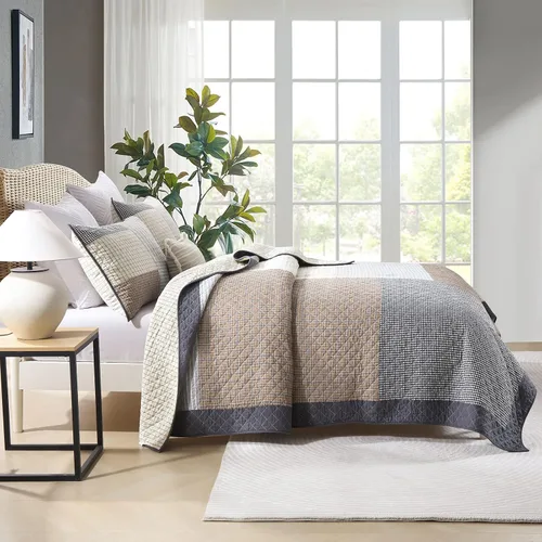 Miniatura 3 de Finlonte Colcha Tamaño King 100% Algodón Ligera Suave Colcha King de Patchwork Real a Cuadros Acolchada Cubrecama Marrón Beige Gris Colcha
