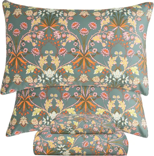 Miniatura 16 de QSH Juego de sábanas tamaño King con estampado floral - Estampado botánico de flores verdes, pájaros y mariposas, ropa de cama de algodón egipcio