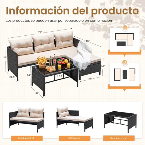 Miniatura 4 de Devoko - Juego de muebles de patio al aire libre, 3 piezas de sofá seccional de ratán impermeable para todo tipo de clima, sofá en forma de L