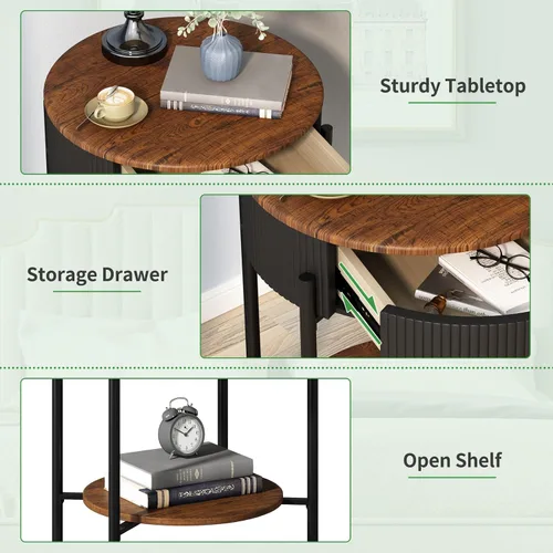 Miniatura 6 de OIOG Mesa auxiliar moderna con cajón, mesa de noche industrial de 2 niveles con estante, mesita de noche de grano de madera con almacenamiento