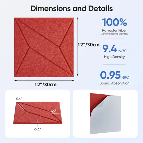Miniatura 3 de Paquete de 12 paneles acústicos de 12 x 12 x 0.4 pulgadas para absorción de sonido de pared, panel de sonido cuadrado autoadhesivo P-Stripes, alta