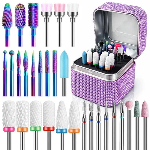 Miniatura 10 de Juego de brocas para uñas con estuche de almacenamiento: 30 piezas de 3/32 pulgadas de carburo de diamante y cerámica, kit profesional de salón