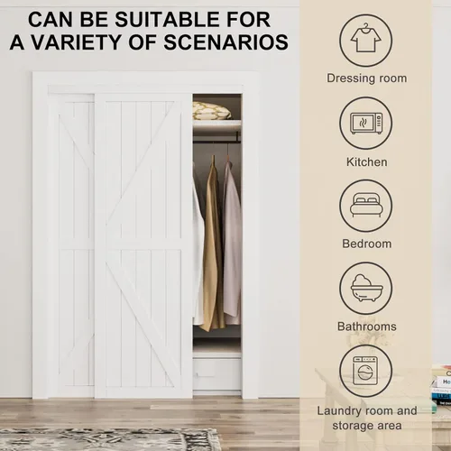 Miniatura 6 de Puerta corredera de armario, puerta corredera de diseño Doble-K, 60"×80" (doble 30"), herrajes incluidos, panel preperforado necesita ensamblar