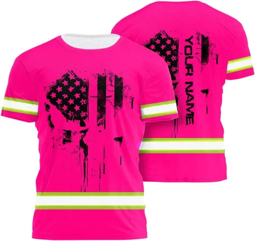 Miniatura 28 de Camisa de alta visibilidad de calavera con bandera de Estados Unidos para hombres, camisas de seguridad con nombre personalizado, ropa de trabajo