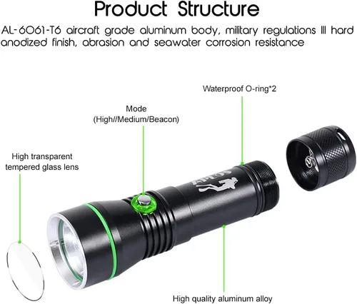 Miniatura 2 de APLOS Linterna de buceo AP30 3000lm con 3 modos, indicador de alimentación, IPX8 impermeable profesional recargable luz de buceo