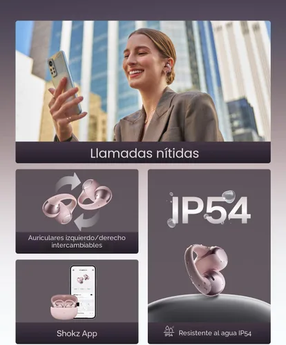 Miniatura 7 de SHOKZ OpenDots ONE - Auriculares de oído abierto, Auriculares de clip - Auriculares inalámbricos Bluetooth con micrófono - Seguros, ligeros, Rosa