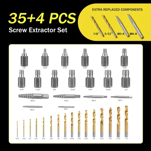 Miniatura 2 de Juego de 39 piezas de extractores de tornillos y brocas de taladro de rotación izquierda, juego de extractores de tornillos Easy Out con brocas